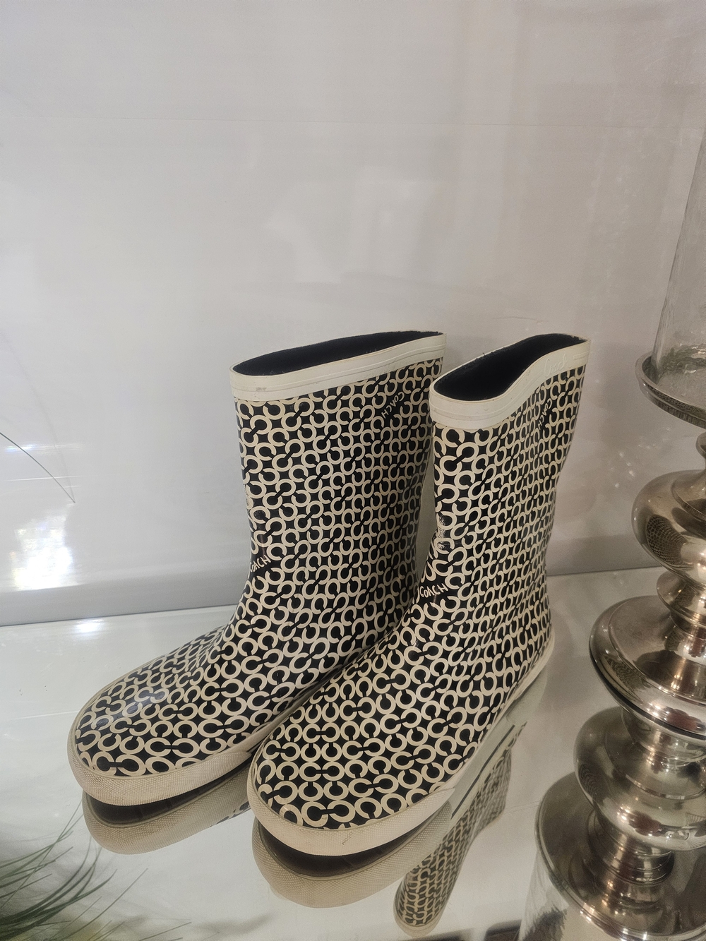 Coach Women’s Black and Cream Logo Rain Boots